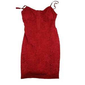 AUW Red Lace Corset Hook Front Bodycon Mini Dress Size L Special Occasion